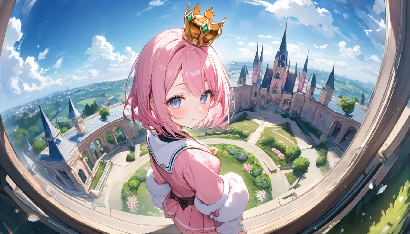 (1 girl),(Best Picture Quality, 8K, Masterpiece:1.3), (high school student:1.5), ((pink lob hair:1.1)), (bob cut),(swept bangs), (cute eyes, pupil black, iris skyblue, youthful face), (mole under right eye), (standard weight), (small breasts),(big hip), (glistening skin:1.1),(pale skin:1.2), BREAK cute pink dress, ruffled sleeves, short skirt, BREAK small golden crown, BREAK fantasy pink castle, magical aura, lush green garden in foreground, blue sky with fluffy clouds, bright daylight BREAK fisheye,from above,(magnificent panorama view:1.3), looking at viewer,