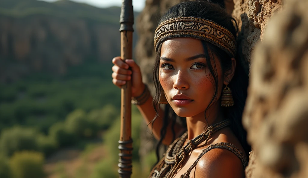 tribe of beautiful women wearing caveman clothing, wielding a spear, detailed facial features, beautiful eyes, detailed skin texture, (best quality, 4k, 8k, high resolution, masterpiece: 1.2), ultra detailed, (realistic, photorealistic, photorealistic: 1.37), natural lighting, warm color tones, intricate tribal patterns, rugged environment, lush vegetation, detailed rock formations, dramatic lighting