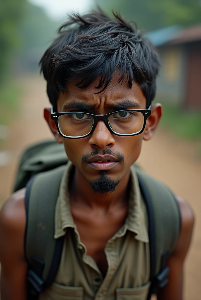 indian boy, skinny, goatee, glasses, backpack, angry, portrait, outdoors.