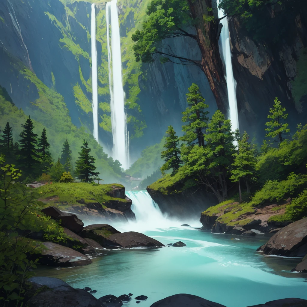 art book drawing, engraving, horror aesthetics, color illustration, space map, natural colors, ultra-high resolution, clarity, aesthetically pleasing, color engraving, a small log cabin stands on the shore of a stormy rocky mountain stream, next to a waterfall, taiga, dense forest, fog, splashes of water, giant pines, aesthetically pleasing, beautiful, 4k, high resolution, high detail