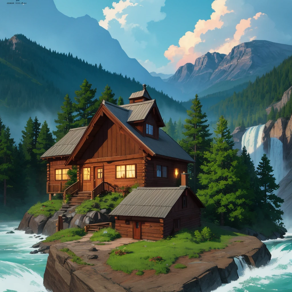 art book drawing, engraving, horror aesthetics, color illustration, space map, natural colors, ultra-high resolution, clarity, aesthetically pleasing, color engraving, a small log cabin stands on the shore of a stormy rocky mountain stream, next to a waterfall, taiga, dense forest, fog, splashes of water, giant pines, aesthetically pleasing, beautiful, 4k, high resolution, high detail