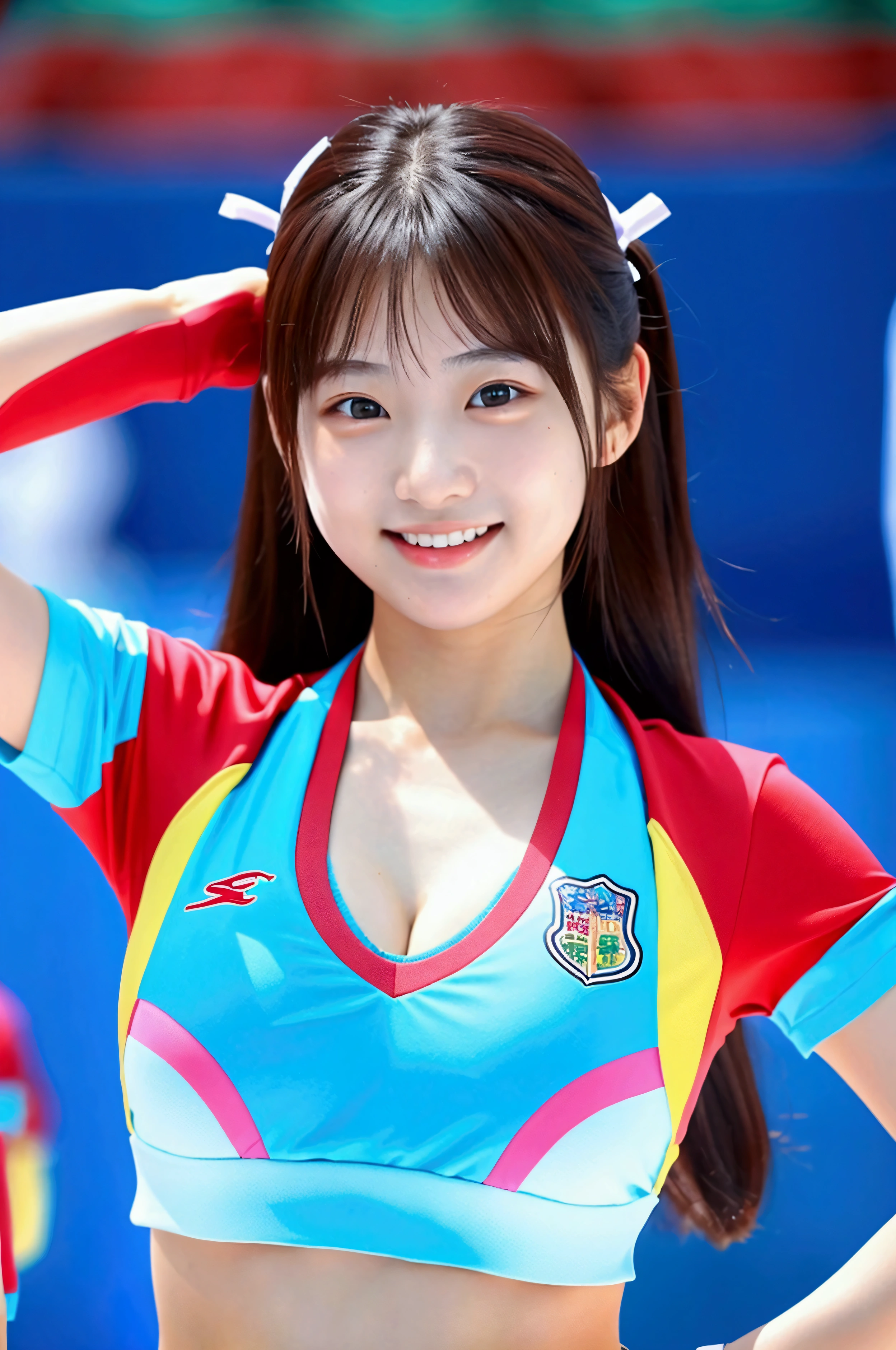 masterpiece、超High resolution、well done!、She has a very pretty face and a youthful figure like an idol..々A -yeld Jaese girl with unique features、Gentle and cute、A kind smile、She is cheering at the soccer stadium Cheerleading Team、Cheerleader uniforms are bikini style and expose cleavage.、Medium bust、whole body、RAW Photos、Genuine、High resolution、Life、No copyright notice