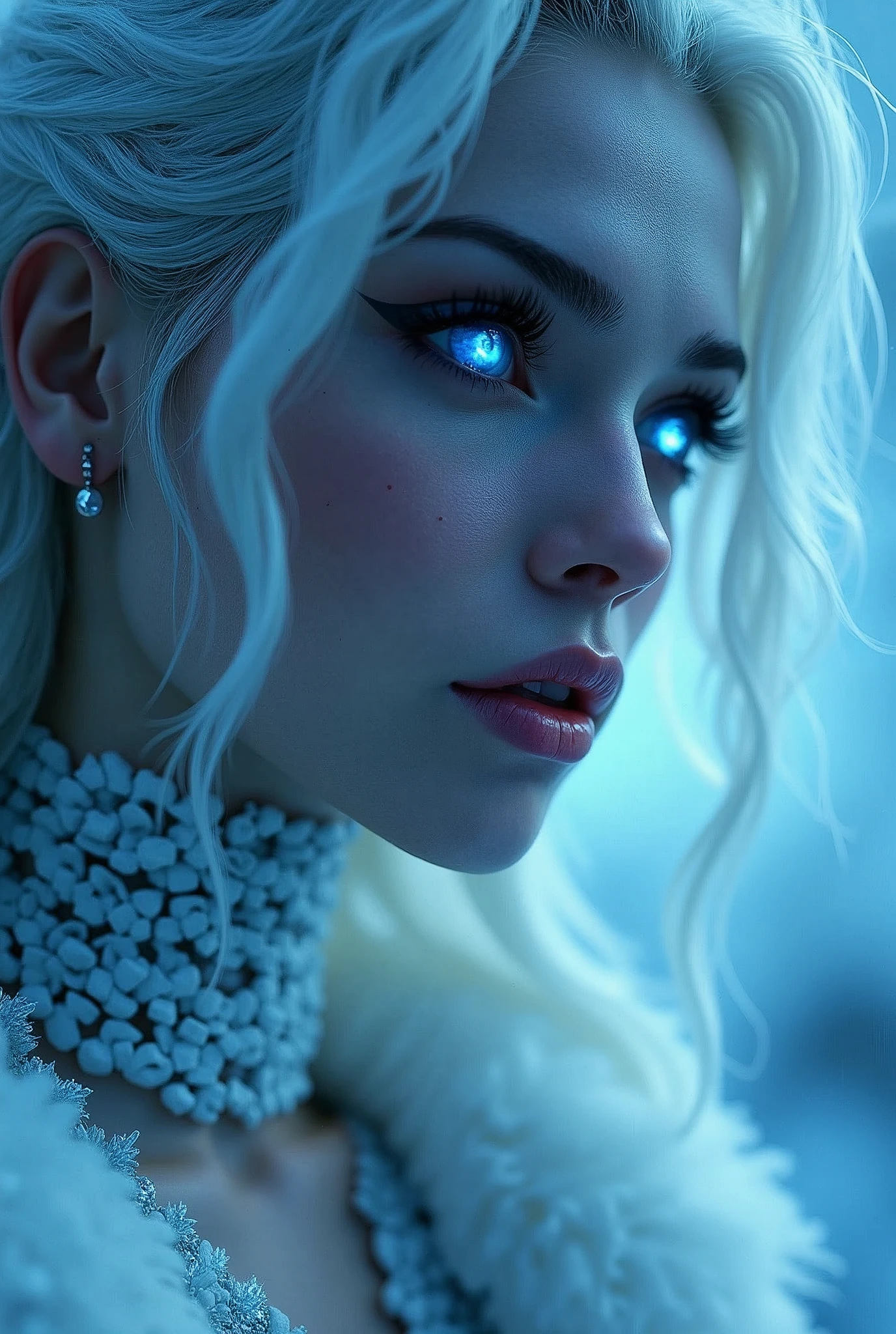 8k、Ice Queenの全身写真,(number々Award-winning masterpiece、Incredible detail、texture、Maximum details)、(超Realistic:1.4)、(Realistic:1.3)、(Full body portrait:1.8)、(Upper body close-up:0.4)、(Top quality realistic texture skin)、(Creating perfectly symmetrical eyes)、Beautiful Face、((The medieval world))、((Ice Queen))、((The Ice Devil of the Lord's Hell))、(Glowing Ice、 Icy Gaze)、(Just like the whole body:1.6)、 (Laugh coldly)、(Glow in the dark blue eyes:1.5)、(Blue eyes with a strong white light coming from within:1.5)、(Swirling ice and fire in the background)、(Dramatic Light)、(A spectacular sight)、(The expression is cold and beautiful、Somehow scary)、Glass earrings in the ears、 (Dramatic Photos:1.4)、(Dramatic Pose)、(White Wavy Hair)、(Upturned 髪)、(A simple necklace with intricate embellishments around the neck)、(Brightly illuminated bioluminescence:1.3)、The Amazing temple of the Devil、 Amazing temple、cathedral、Temple ruins,(Glowing magic circle)、Shining majestic clouds and sky、iceberg、Stunning graphics、(Art Station:1.5)、Cinematic、((Neutral Color))、(High resolution:1.5)、(Calm colors:1.2)、Very detailed、Dramatic Light、(Intricate details:1.1)、Complex background、sexy,
