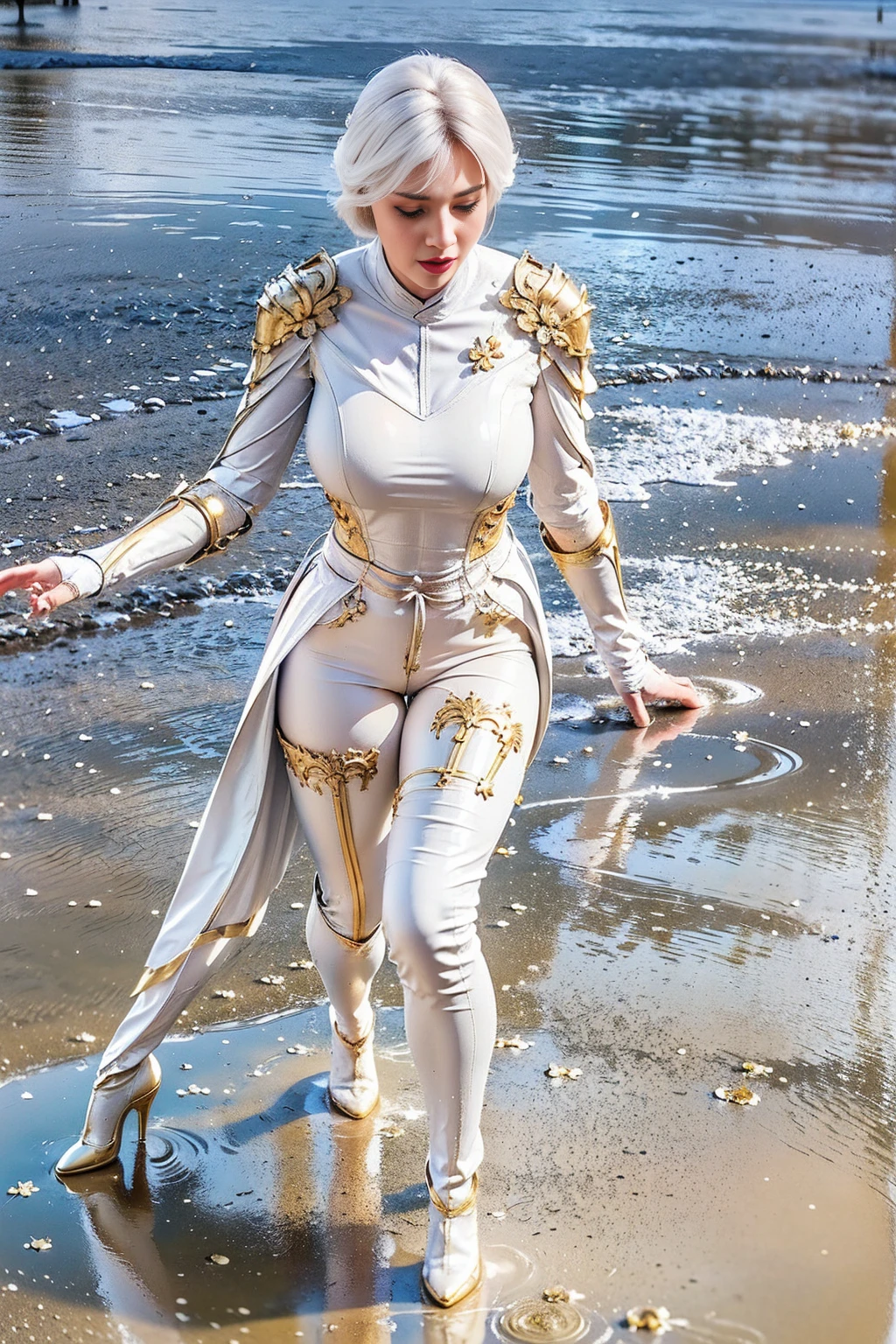 8K, HDR, Extremely realistic textures, Sharp texture, high resolution, best quality. whole body, slim, (slim), tall and big, short hair, White hair, wearing gold mecha armor, white body stockings, Wearing pants, High heel, Gloves,(Wet myself), (((Wet pants))), (((Urine runs down the legs), Urine stains, (Puddle), Really long legs, Lipstick, Delicate face, Pretty Face, Face flushed with shame, insult,whole body图片