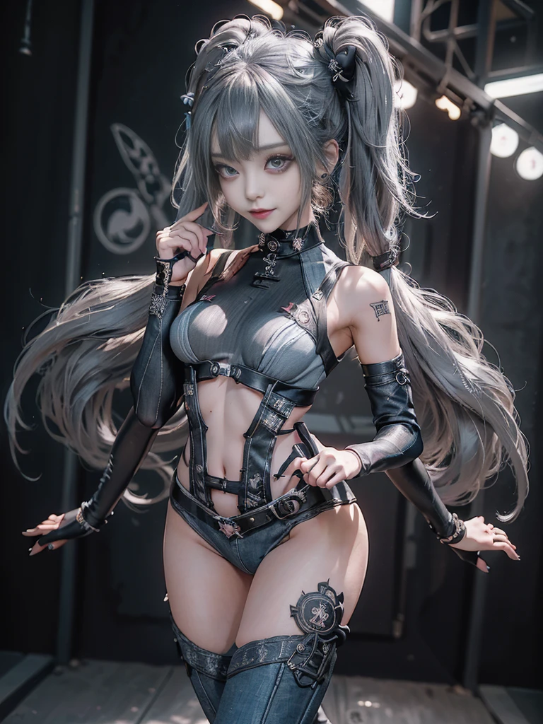 (Full body view:1.3)、(Full Body View:1.2)、(Smiling with teeth showing:1.3),(Shibuya Gal:1.5)、(Gothic ta style fashion:1.5)、(Punk RockVisual Kei:1.5)、(Wearing a rhythmic gymnastics bodysuit with intricate details:1.4)、(Racing suit and pants with delicate decorations in white, denim and charcoal:1.5)、(Denim and light blue and white boots:1.3)、((belt))、(Numerous delicate logo marks all over the costume:1.4)、(collar:1.3)、(Striped underwear:1.5)、20-year-old、NSFW、((Highest quality、In 8K、masterpiece:1.3))、Sharp focus:1.2、(Layered Cut、Huge boobs:1.1),Beautiful woman with perfect figure:1.4、(Dancing vigorously:1.3)、Slender Abs:1.2、Highly detailed face and skin texture、Detailed eyes、double eyelid,(Twin tails:1.3)、(Dark silver hair:1.3)、Gravure idol、(The background is the stage of the fashion show:1.3)、(Slim Body:1.3),(Make your legs thinner:1.4),(clavicle:1.1)、(Thin and slim thighs:1.3)