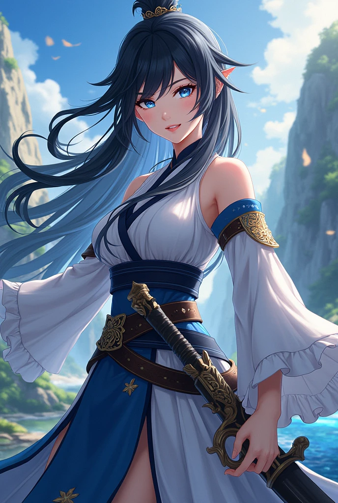A tall women with black hair and blue eyes, wearing fontainien clothing style but not a dress and not too much skin showing. Shes a skilled swordswoman. In genshin impact desgine.