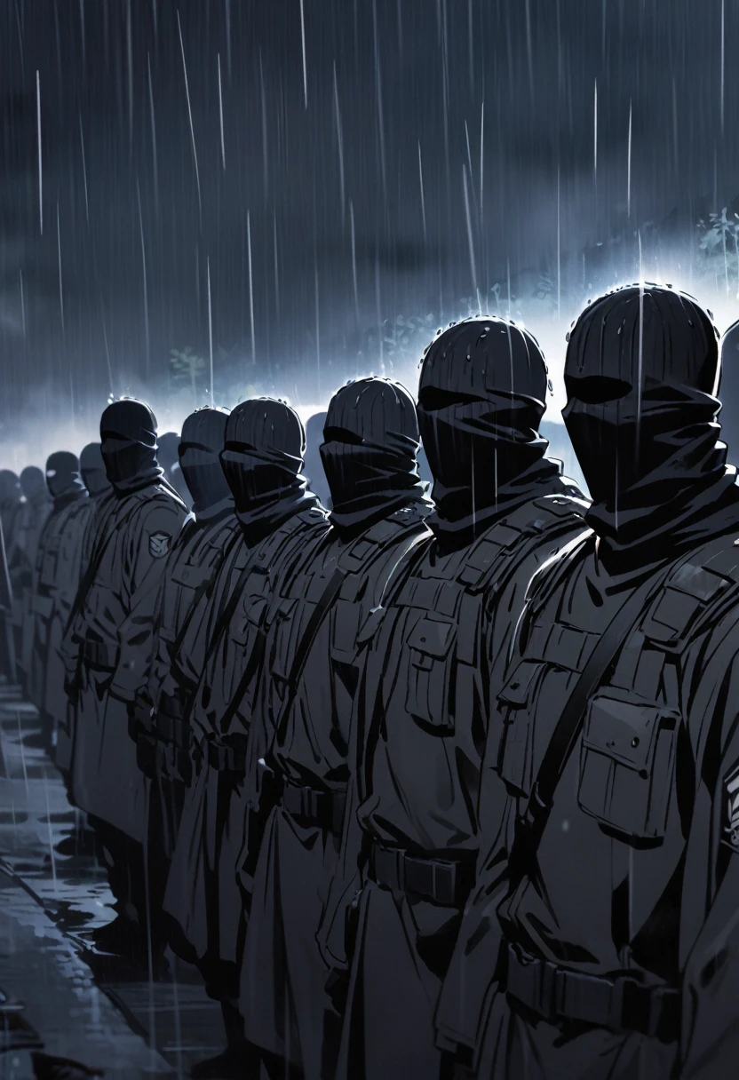 Army of terrorists, black balaclava, black clothes, terrorists, fabric balaclava, rain, night, dark, faceless 