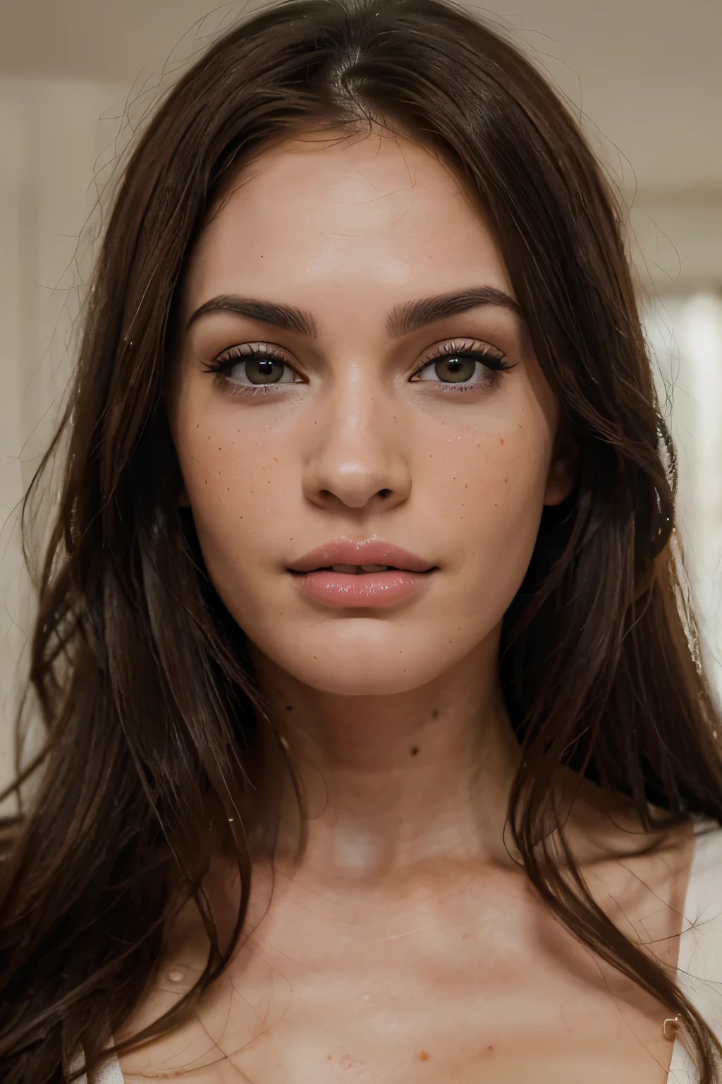 Ultra realistic photo portrait Of a brunette girl facing the camera with straight hair, mature, clean, class
Natural, Stunning, Beautiful, European, perfect traits, no make-up, few freckles, Meticulously detailed, 4k, highly detailed, award-winning photography, looks like megan fox, brown eyes, a little red lips