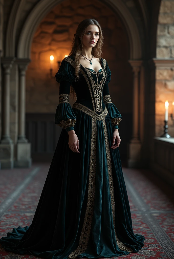 A medival times dress for woman with a dark color palette