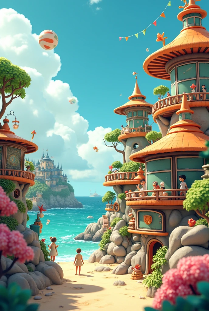 Kawashi style fantasy painting of a coastal village., rendering in Cinema4D, convex, precision marine parts, Creative Character Design, Quirky cartoon style, 32k for 2:1