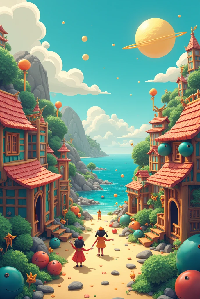 Kawashi style fantasy painting of a coastal village., rendering in Cinema4D, convex, precision marine parts, Creative Character Design, Quirky cartoon style, 32k for 2:1