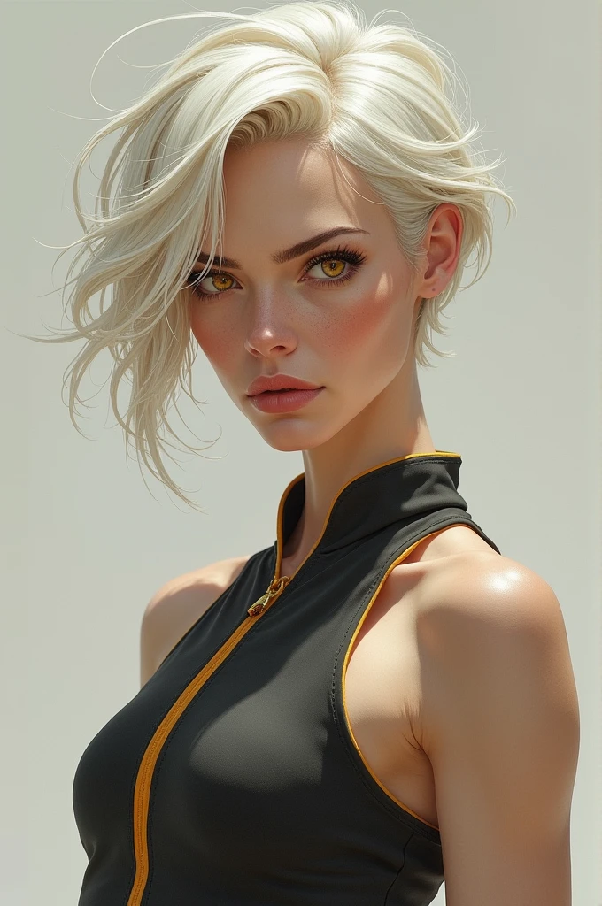 unreal engine 5, metahuman, realistic, 8k, uhd ,medium shot,beautiful korea-thai woman,white hair,sleek bob hair,Dragon Ball Z,Android 18,Wasteland,Android 18 throws a punch while energy blasts fly around her,Bright afternoon sun.hyper focus,