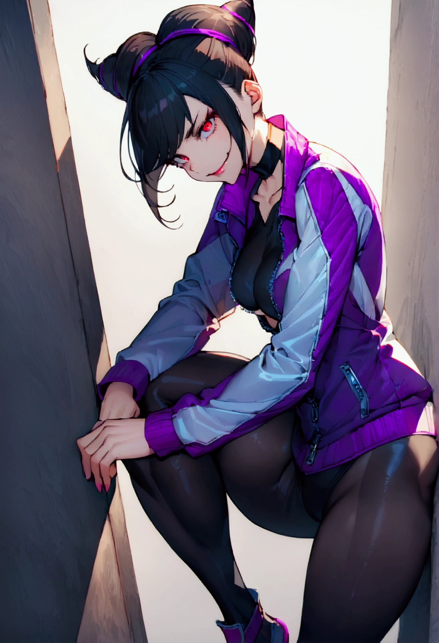 beautiful young fitness woman with , in a gym wearing May with black pantyhose, white and purple tight short gym jacket. standing alone,red eyes glowing,Evil smile,legging preto ,labiaa,dark eye shadow,shining eyes,hand on knees,a little lowered,neckleace,jacket zipper half open,Tight black shirt,white sports tennis shoes,short hair with purple details,beautiful curves,whole body,hair with purple details,labiaa,detailed face and eyes,work of art,sexy look,leaning against a wall
