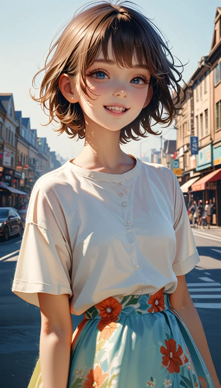Best quality, masterpiece, ultra high res, (photorealistic:1.5), raw photo,cute young short hair girl chilling around the city, the sky are blue and very happy joyful day, she is wearing a modern shirt with cute flower skirt, soft color