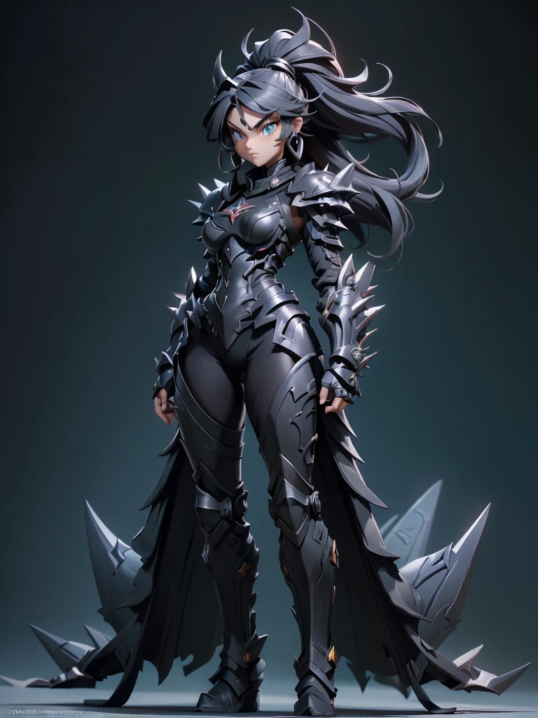 (((masterpiece, best quality, high detailed, 16k))) (1girl) A fierce girl donning armor reminiscent of Black WarGreymon, her eyes burning with determination and strength. Her hair is a stark black with streaks of silver, flowing around her fierce expression. She wears a dark, metallic armor, adorned with menacing spikes and intricate patterns of red and black, echoing the design of a powerful Digimon warrior. The armor is both robust and sleek, offering maximum protection while enhancing her intimidating presence. She wields a massive, clawed gauntlet, and her stance exudes readiness for battle. Around her, a dark aura pulses with raw energy, hinting at her immense power and relentless spirit. ((full body view:1.4))