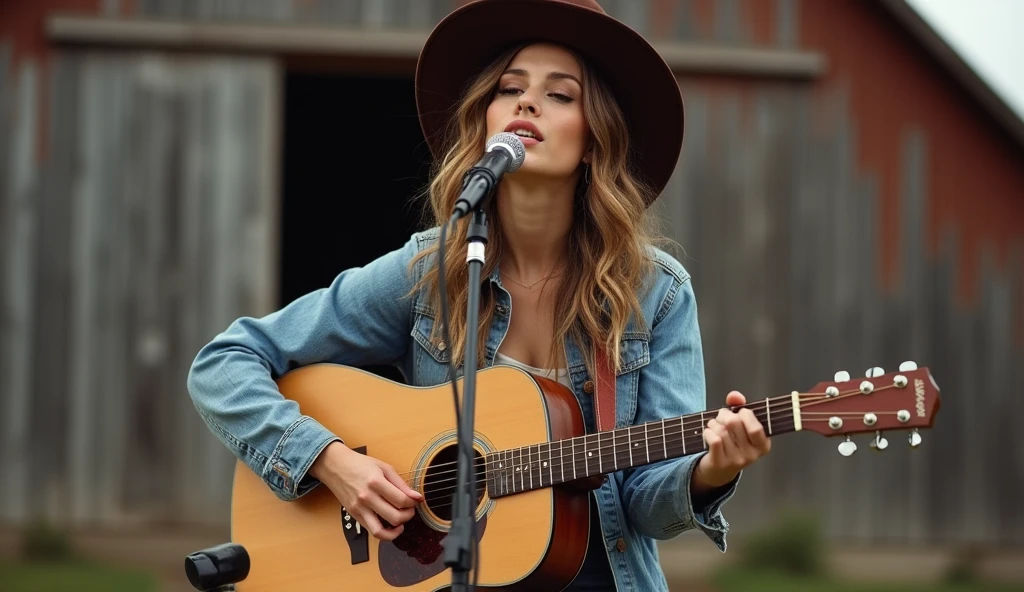 Beautiful Gorgeous Women Playing an Acoustic Guitar in front of a barn while singing to a mic, photorealistic, Country Christian Theme. High Quality