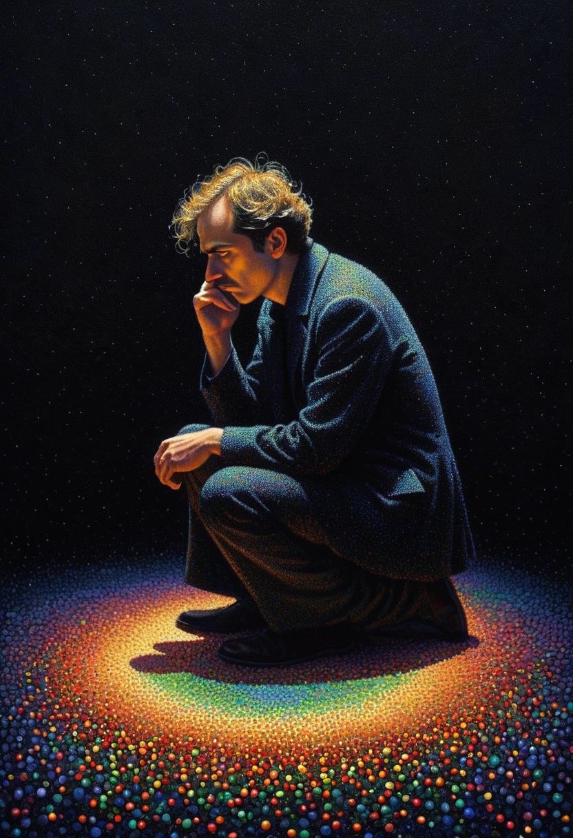 pointillism, a tormented genius contemplates the futility of things and concludes that everything is useless, micro dots representing blind spots, 8k, work of art, Brilliant composition, deep dark contrast, minimal use of colors