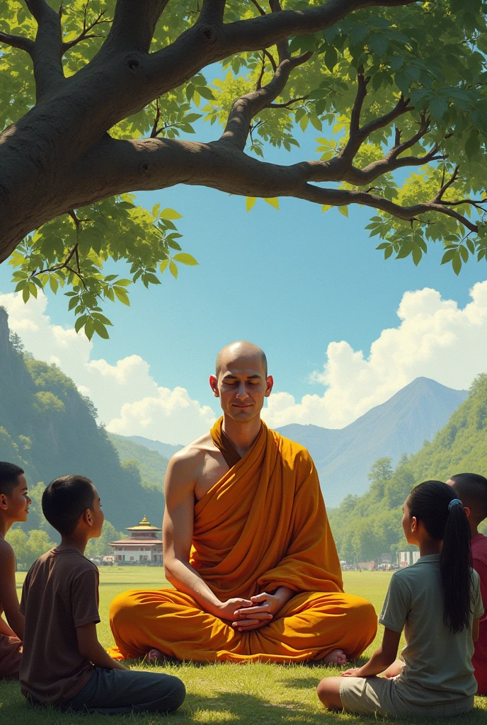 Bhutanese monk meditating under a tree and people trying to make him laugh