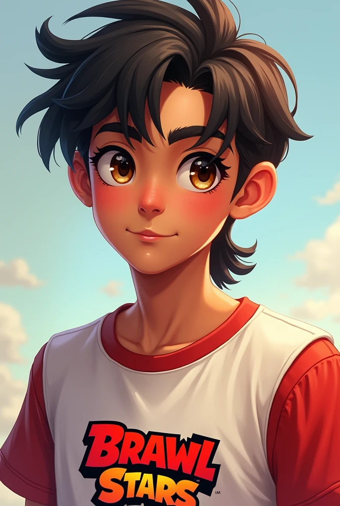 Teenage boy with brown skin, Short hair with a mullet with low hair volume, Wavy, Tender brown eyes with long, almond-shaped eyelashes, A shirt that says Brawl Stars 

