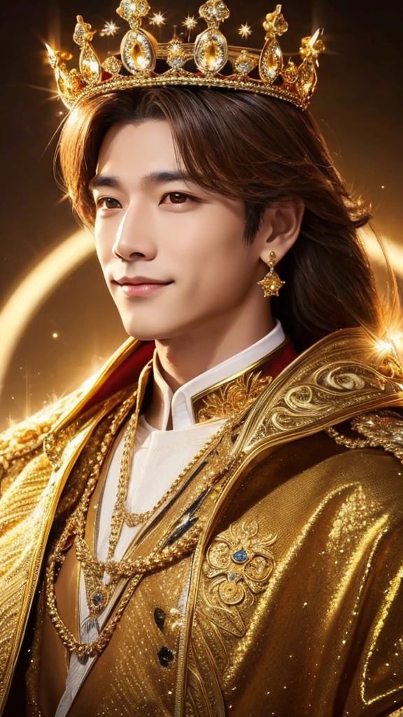 Lion male gold ✨ Elegant gold King God Smiles, Gaze, crown, Sparkle Effect,