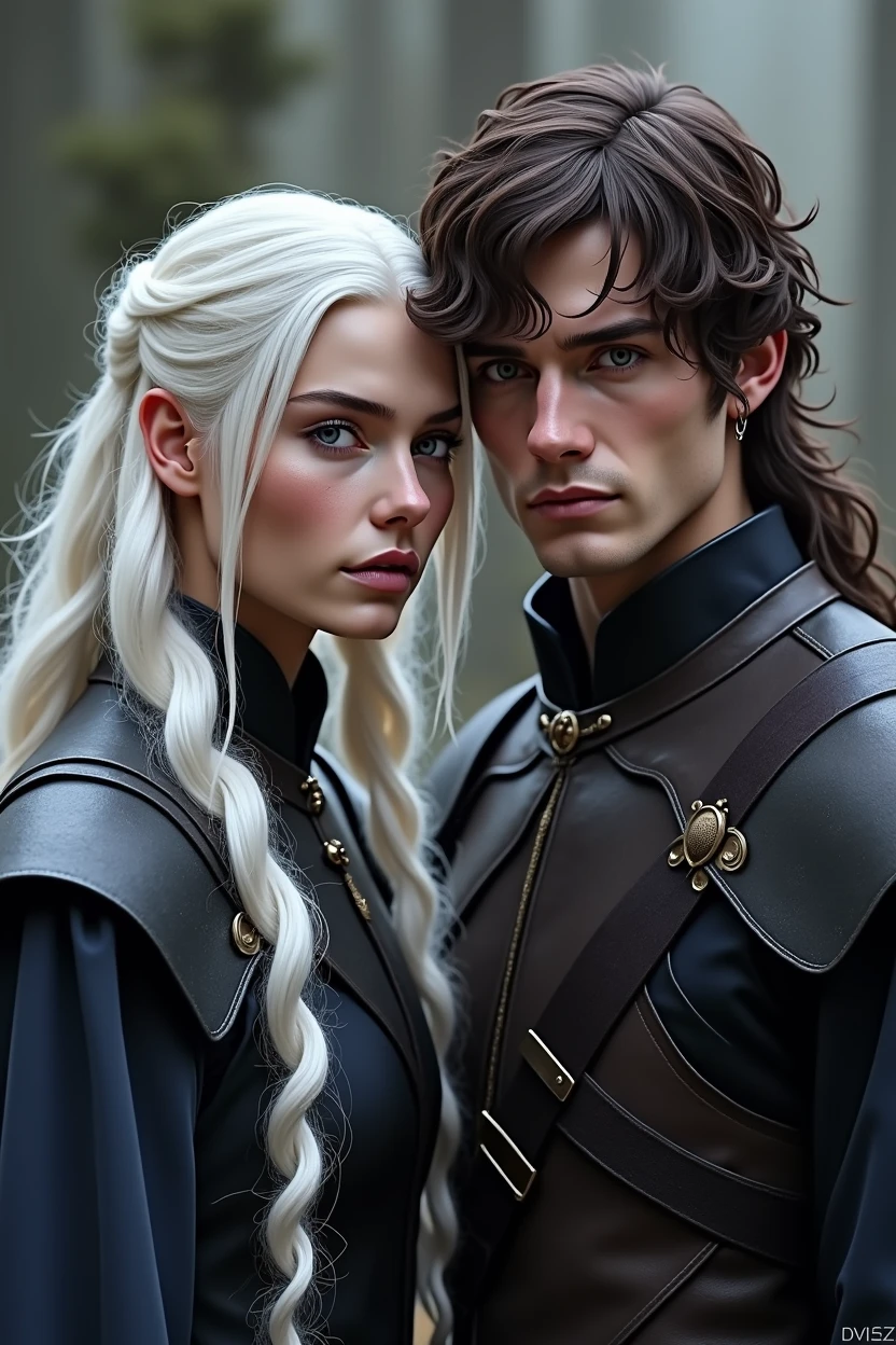A highly detailed portrait of 2 males and 1 male, beautiful with white long hair, eyes of lilac color, 1 male with high short brown skin hair, inspired by the Game of Thrones fantasy series, cinematic lighting, intricate details, masterful rendering, photorealistic, 8k, HDR