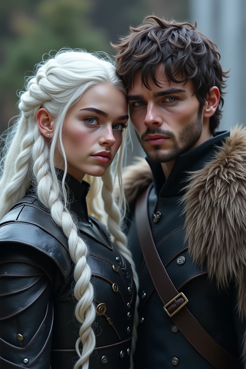 A highly detailed portrait of 2 males and 1 male, beautiful with white long hair, eyes of lilac color, 1 male with high short brown skin hair, inspired by the Game of Thrones fantasy series, cinematic lighting, intricate details, masterful rendering, photorealistic, 8k, HDR