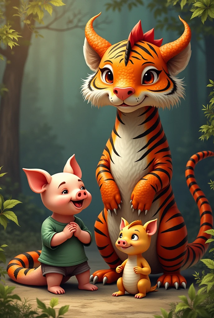 Daddy is dragon, mommy is tiger. Big son is pig, small is chicken, girl is snake. They are family. Strong and rich happy