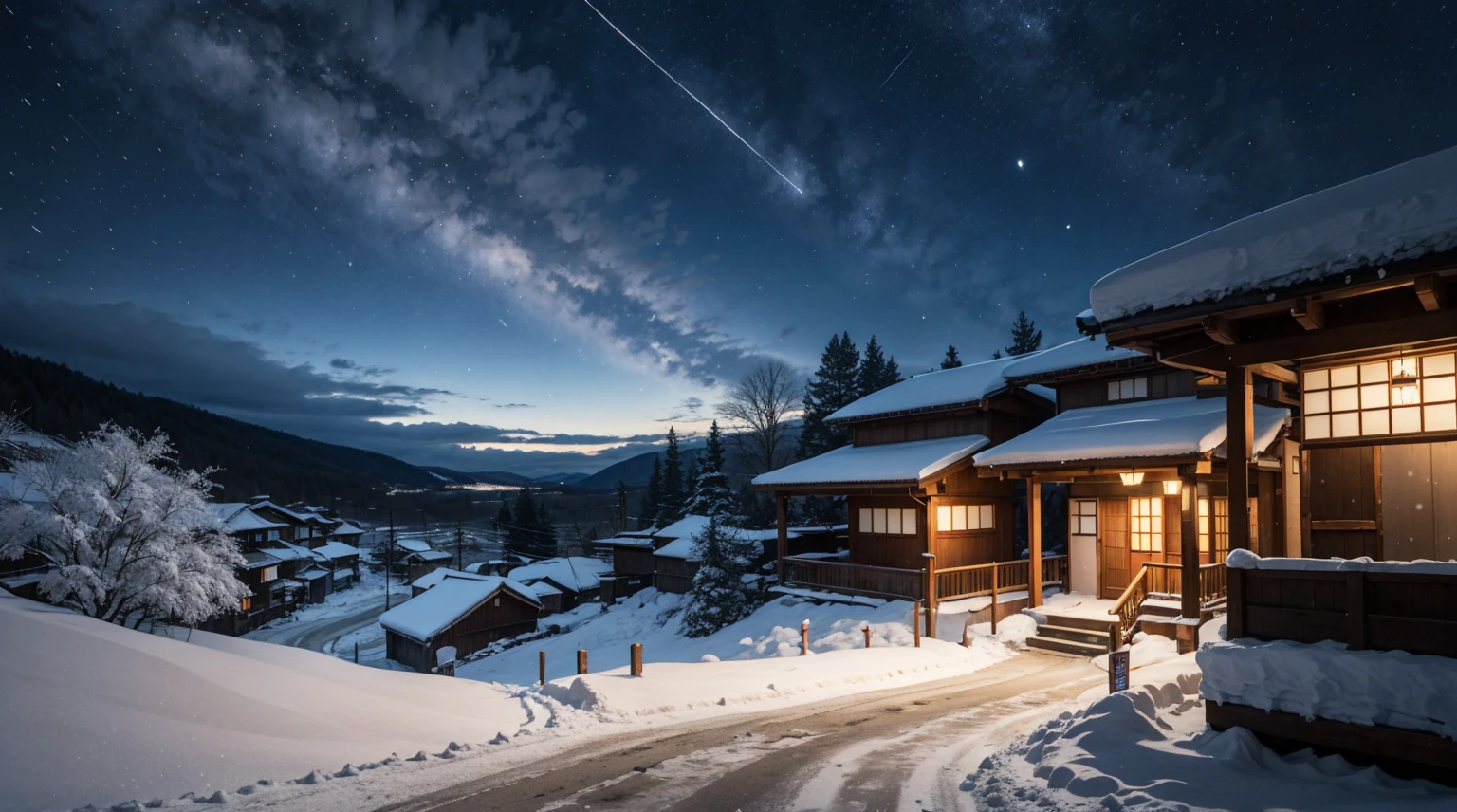 ((snowy road at night)),hot spring town,((Fluffy snow,night sky:1.2)), the view from the veranda of a Japanese house, sub-zero temperatures, (lots of icicles from the roof), snow-covered country road,