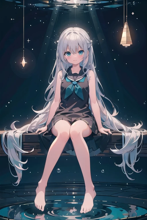 (masterpiece, Highest quality:1.2), One girl, alone,Are standing_Split, Long Hair,Black sleeveless short vest,Particles of light, whole body, Wavy Hair, Floating Hair, smile, Sitting, Open your mouth, Particles of light, Silver Hair, Aqua Eye, View your viewers, Face Focus, "Completely naked", Barefoot, Foot Focus, "Undressing"