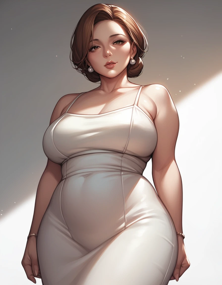 score_9, score_8_up, score_7_up, source_anime,1girl, 38 years old, mature female, brown hair, curvy mother, wide hips, normal breast, seductive smile, (seductive expression:1.5), looking at viewer, standing, white dress, half complete body view, 