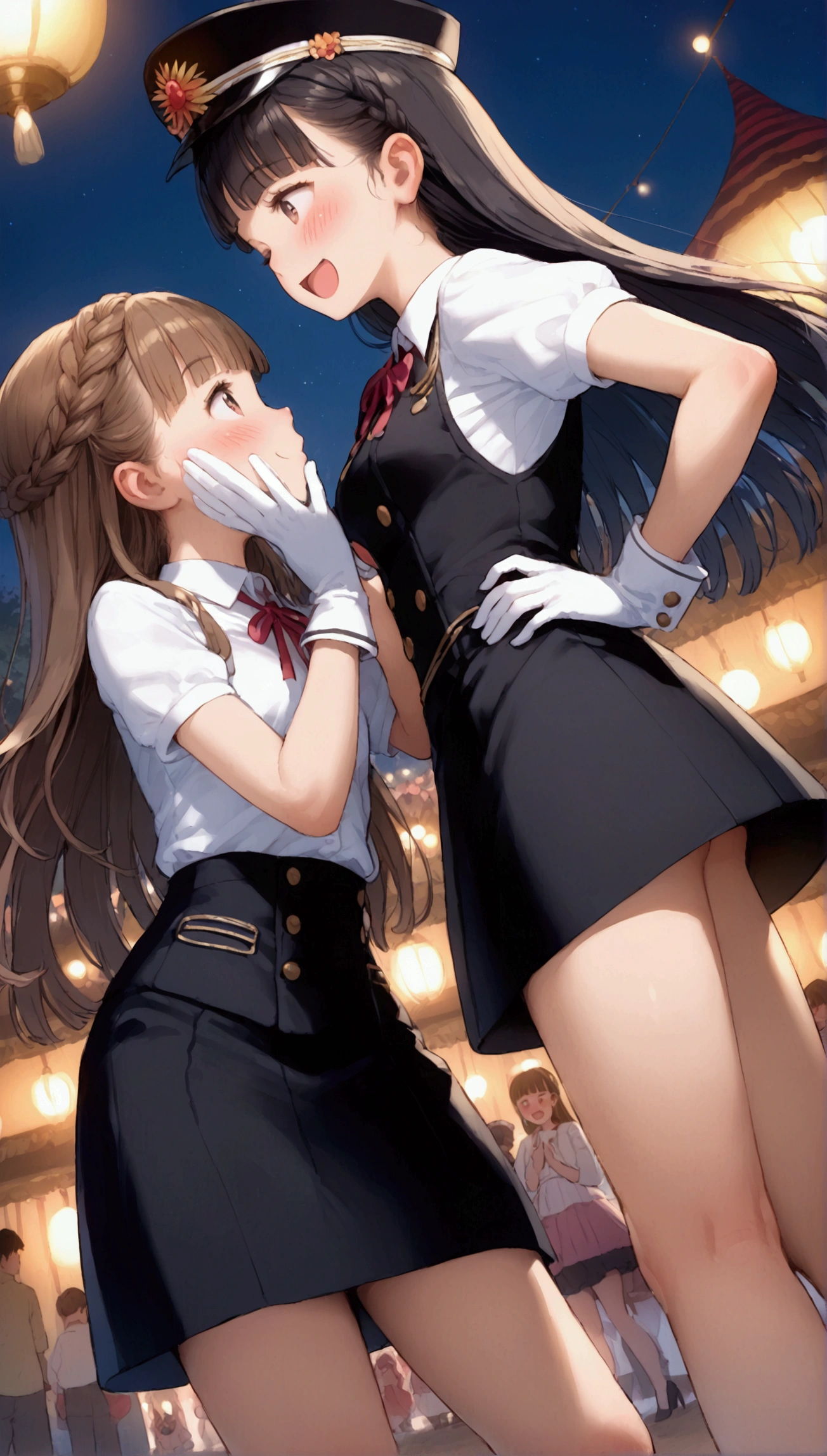 {Highest quality}, {Super beautiful},{Ultra fine},{Best illustration},Brown Hair,Hime cut,long hair,Braid,One woman,Standing Woman,Strike a pose,Adult women,smile,Excited face,Wink,Uniform cap,White Shirt,Short sleeve,long black skirt,White gloves,Night Festival,Blushing,Slender,Black stiletto heels,barefoot,From an angle,From below,Put one hand on your hip,Woman with closed legs,blow a kiss with one hand