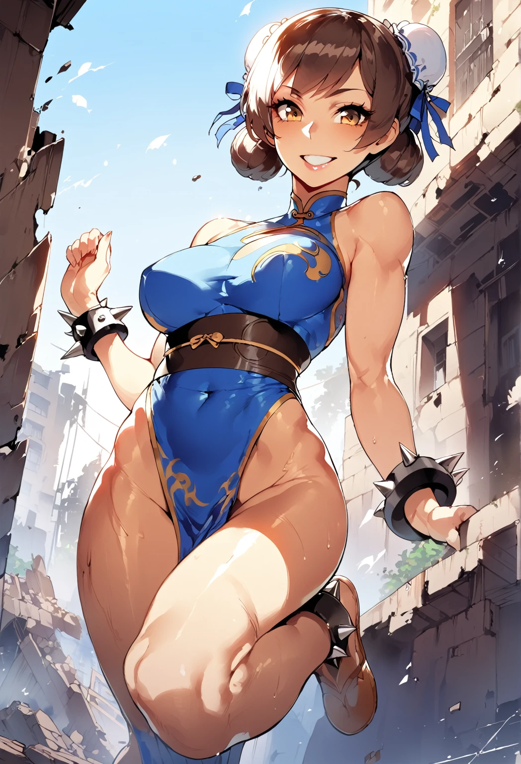1girl, (solo:1.2), (jumping:1.3), (mid air:1.3), (cowboy shot:1.5), smile, happy, (masterpiece:1.3), (best quality:1.3), (perfect anatomy:1.4), highly detailed, chun li, brown eyes, short hair, brown hair, double bun, bun cover, blue dress, pelvic curtain, spiked bracelet, sash, brown pantyhose, (post fight scenery:1.3), rubble, outside, daylight, nyantcha, expressive faces, anime-inspired, (cell shading:1.2), lips