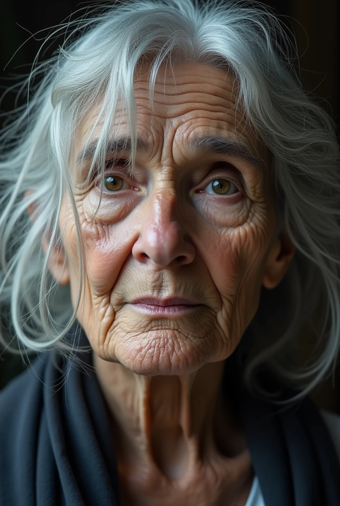 Image of Grandmother with scattered silver hair on her face