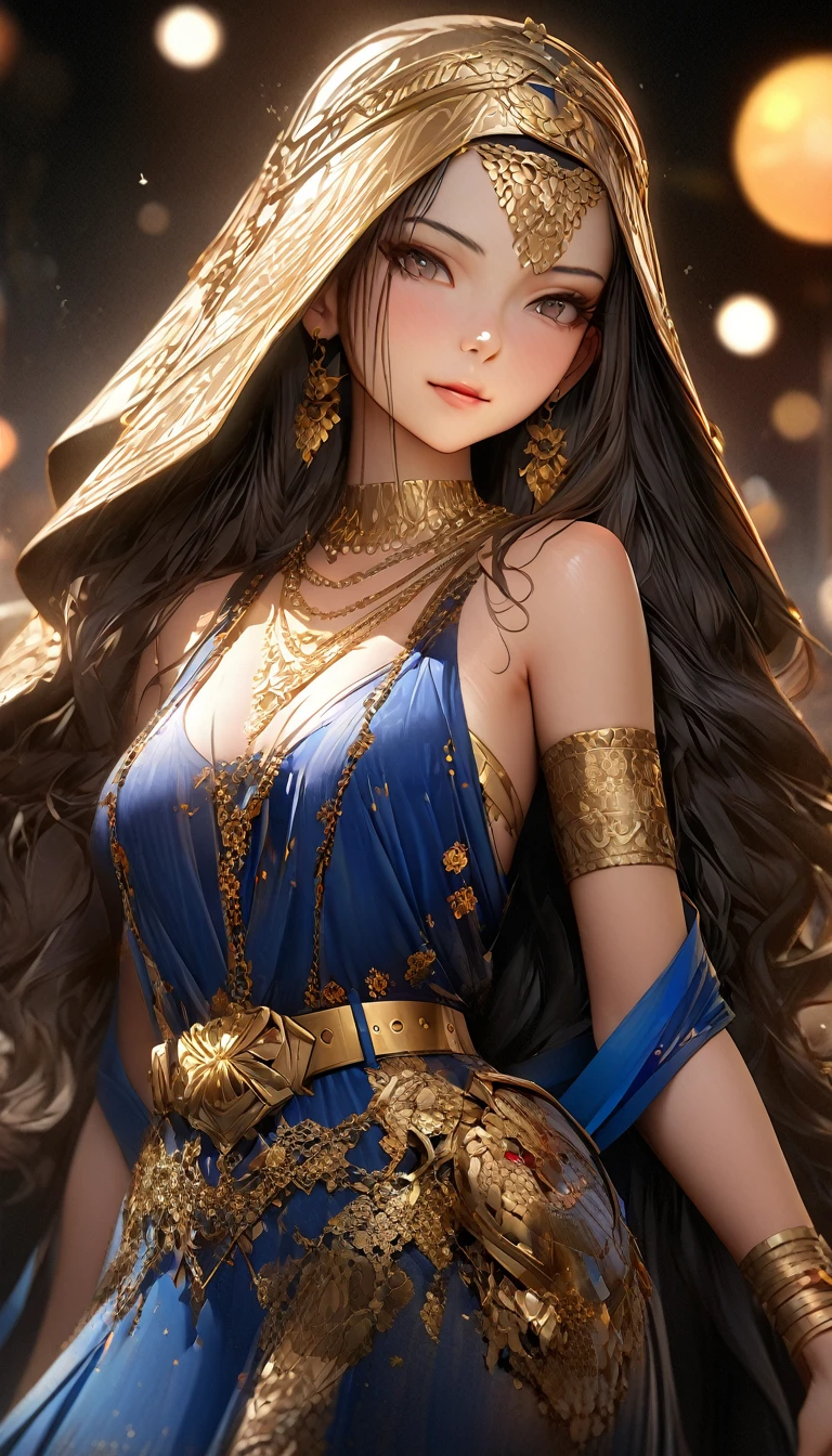 Browsing Caution, masterpiece, Arabian woman in blue dress with gold belt and necklace, 3d rendering character art 8k, Trending on cgstation, Chengwei Pan at Art Station, Inspired by Run In, 8K Art Germany Bokeh, 8K high quality, detailed art, deviantart artstation cgscosiety, cgsociety 8k, cgsociety 8k