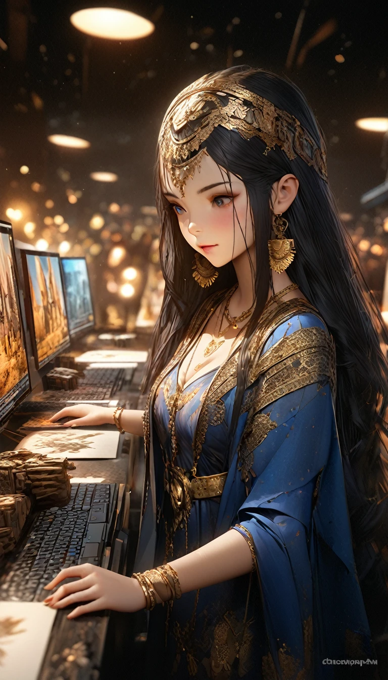 Browsing Caution, masterpiece, Arabian woman in blue dress with gold belt and necklace, 3d rendering character art 8k, Trending on cgstation, Chengwei Pan at Art Station, Inspired by Run In, 8K Art Germany Bokeh, 8K high quality, detailed art, deviantart artstation cgscosiety, cgsociety 8k, cgsociety 8k