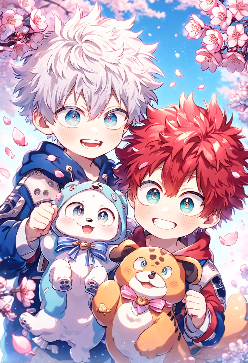 absurdres, highres, ultra detailed, HDR, master piece, best quality, extremely detailed face, delicated features, Todoroki Touya as a kid, messy hair, red hair, expressive turquoise eyes, Boku No Hero Academia, Gojou Satoru as a kid, white hair, messy hair, expressive blue eyes, white eyelashes, two kids together, yaoi, gay couple, small, cute, smiling, dog costume, fantasy, magical, cherry blossoms, pink flowers, pink birds, pink petals, water