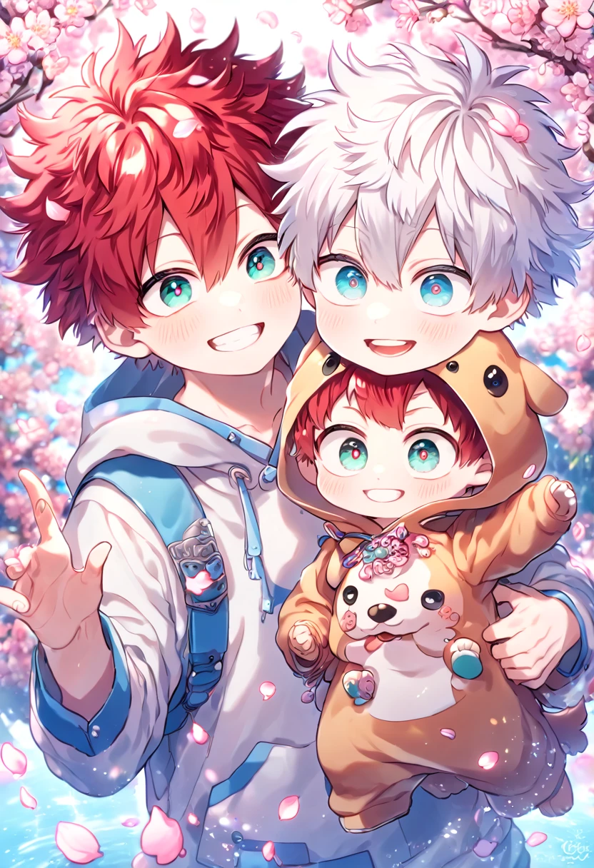 absurdres, highres, ultra detailed, HDR, master piece, best quality, extremely detailed face, delicated features, Todoroki Touya as a , messy hair, red hair, expressive turquoise eyes, Boku No Hero Academia, Gojou Satoru as a kidhite hair, messy hair, expressive blue eyes, white eyelashes, two kids ther, yaoi, gay couple, small, cute, smiling, dog costume, fantasy, magical, cherry blossoms, pink flowers, pink birds, pink petals, water