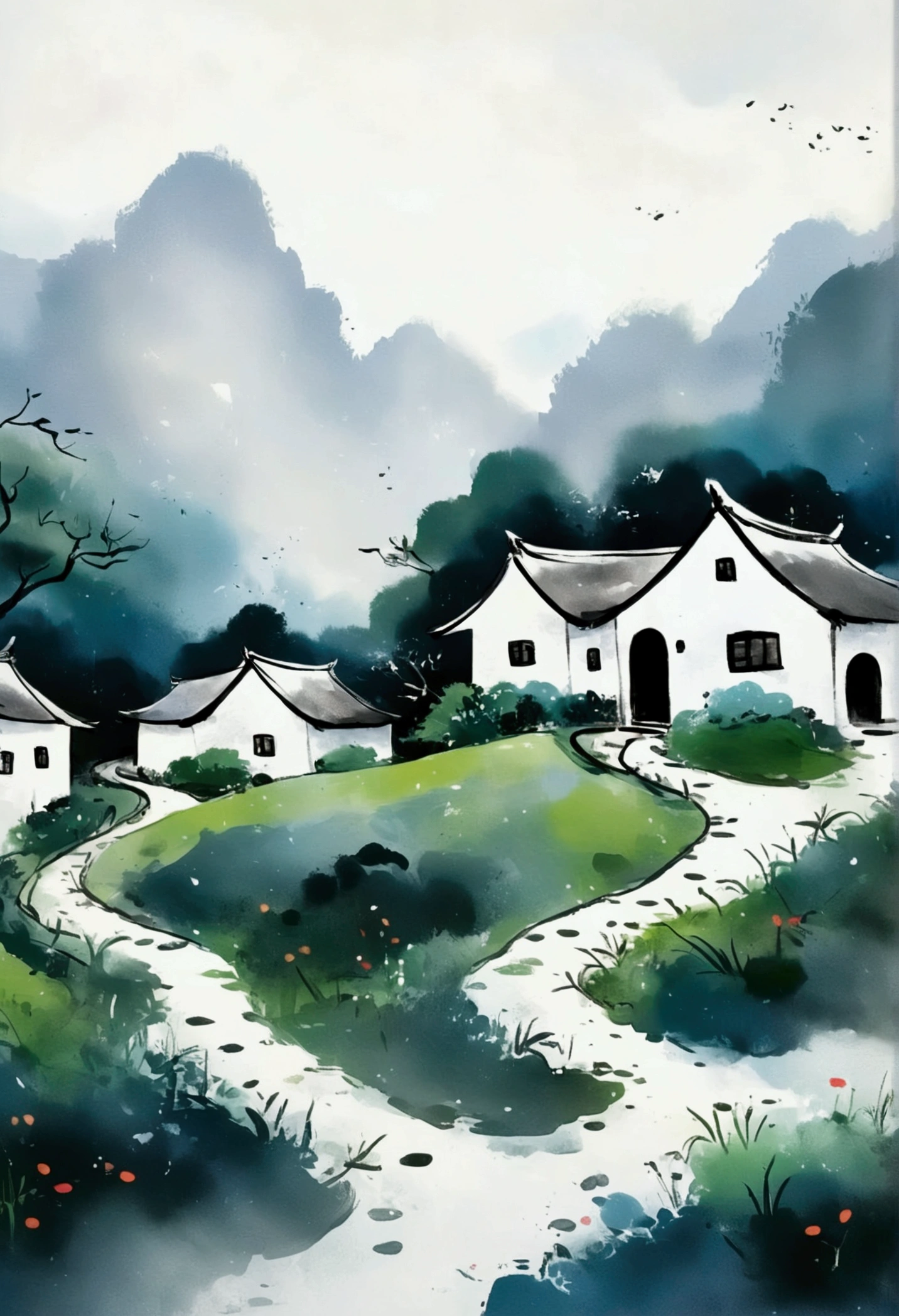 Sky占比2/3.Chinese Ink Painting Sketch：Freehand，artistic conception:2.Dot，A thatched cottage on a winding path，Minimalism，White background。(((Negative Space:2,Large area of blank:2, Bottom left corner composition)))