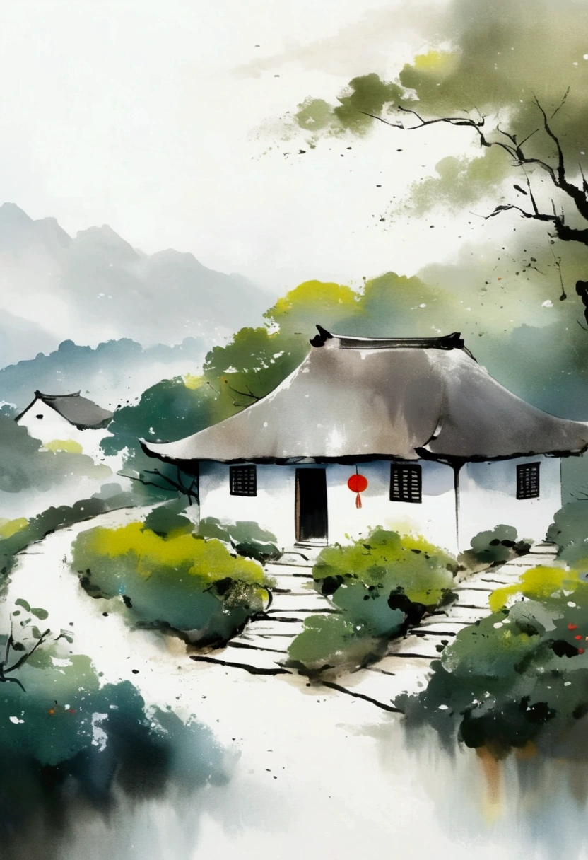 Sky占比2/3.Chinese Ink Painting Sketch:Freehand,artistic conception:2.Dot,A thatched cottage on a winding path,Minimalism,White background。(((Negative Space:2,Large area of blank:2, Bottom left corner composition)))