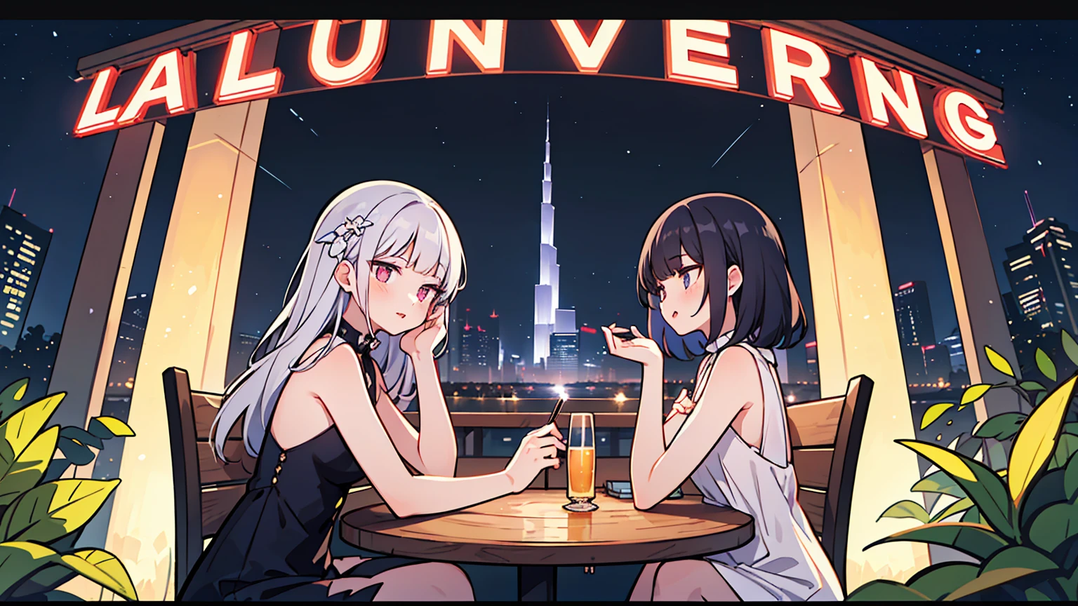 (masterpiece, best quality),2 women, different hair colors, different faces,letterboxed, perfection of fashion,Burton lips, sleeveless,dress,upper body, from the side,On a bench in a park with a lake,Round table ,Sitting on a chair and talking,Neon signs illuminating the night view with the Dubai Tower in sight,