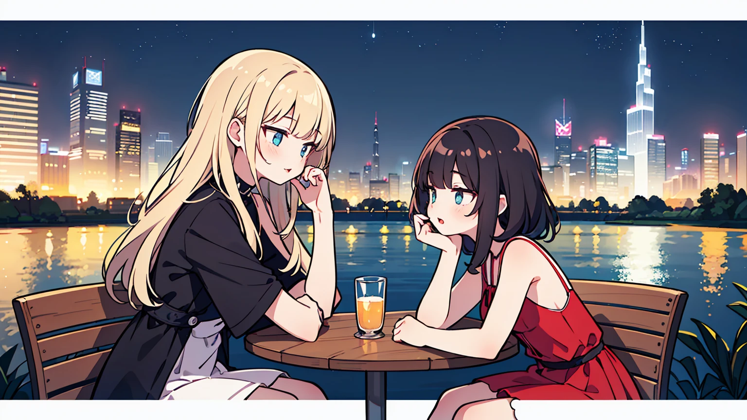 (masterpiece, best quality),2 women, different hair colors, different faces,letterboxed, perfection of fashion,Burton lips, sleeveless,dress,upper body, from the side,On a bench in a park with a lake,Round table ,Sitting on a chair and talking,Neon signs illuminating the night view with the Dubai Tower in sight,