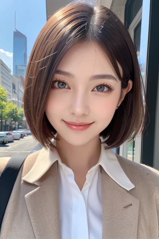 ((Highest quality)), ((masterpiece)), (detailed), ((Highest quality))、RAW、4K、((Cityscape))、High resolution、Perfect Face, Japanese、28 years old、female、smile、short hair、Bob Hair、light light brown hair、Perfect Anatomy、Anatomically correct body、White collared shirt、((It&#39;s raining heavily))、Soaking wet、Sad face、((The body is wet from the rain))、((My hair is wet from the rain.))