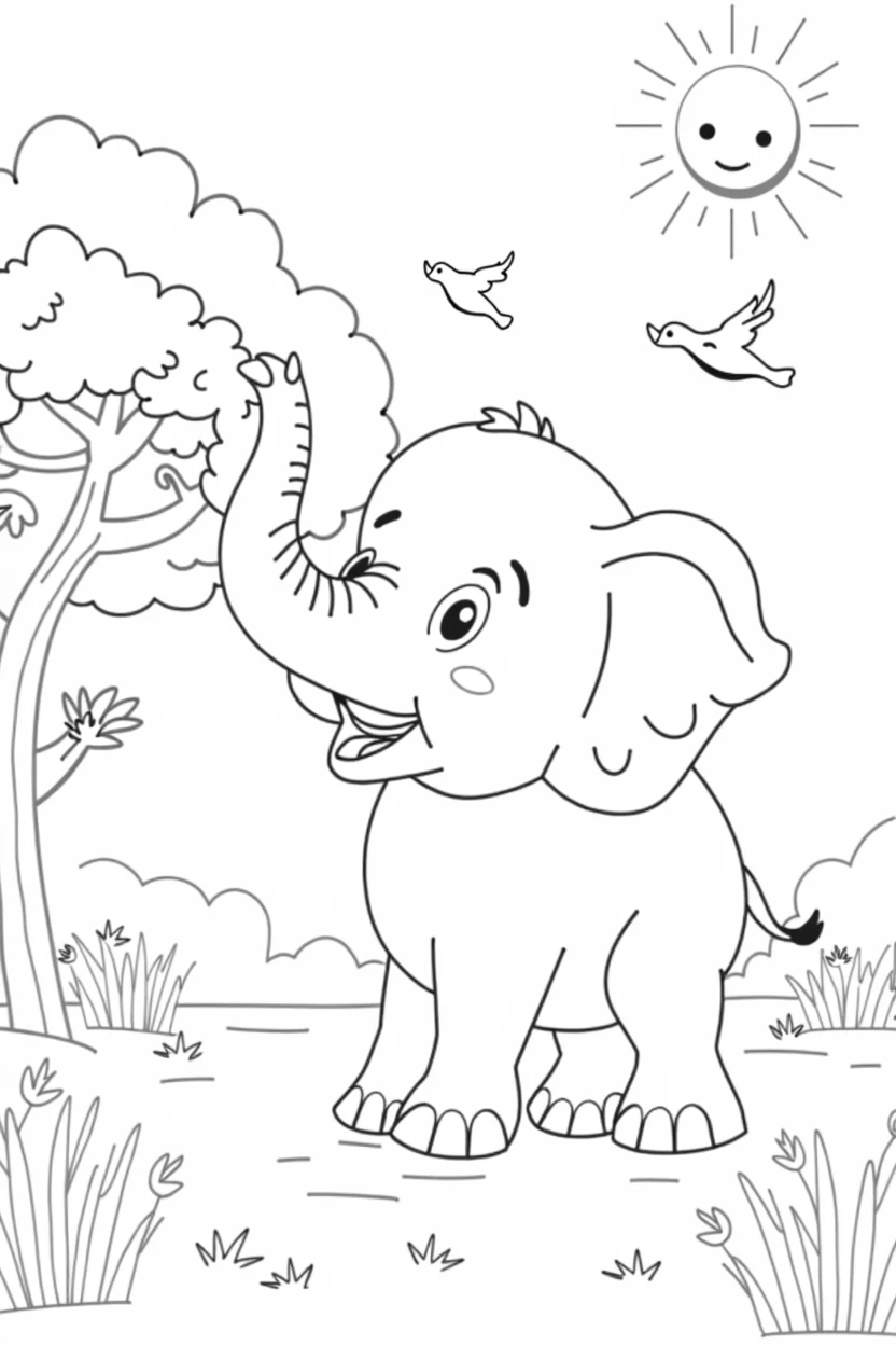 Create a line drawing of a playful elephant in a safari environment, designed for a coloring page . The elephant should have a cheerful expression and be holding its trunk up as if it is giving a cheerful “hello”. Add some simple elements around, like a tree with big leaves, a smiling sun in the sky, and some birds flying. Also include some small details, like flowers or bushes, to give a playful touch. Keep the outlines clear and spaced for easier coloring.