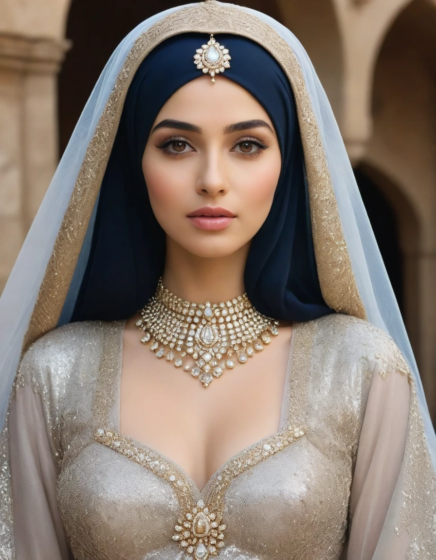 celestial and charming and beautiful and elegant Hazrat cinderella( نبي الله سندريلا صلى الله عليها وآله وسلم) 1990 live - action movie first look, grainy, vhs filter, wearing glittery tulle cape and glittery tulle cloak or hijab veil as ancient and enigmatic muslim prophetess with irresistible holy aura, invites the wretched and beggers to islam and monothemism and allah, her jewelries and dress sparkles intensely shiny