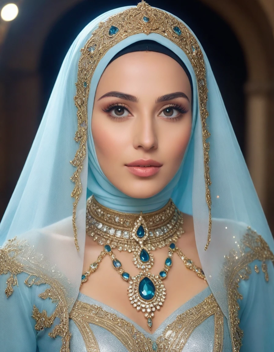 celestial and charming and beautiful and elegant Hazrat cinderella( نبي الله سندريلا صلى الله عليها وآله وسلم) 1990 live - action movie first look, grainy, vhs filter, wearing glittery tulle cape and glittery tulle cloak or hijab veil as ancient and enigmatic muslim prophetess with irresistible holy aura, invites the wretched and beggers to islam and monothemism and allah, her jewelries and dress sparkles intensely shiny 