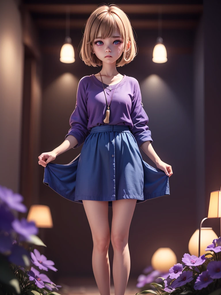 {{masterpiece, best quality, extremely detailed CG, unity 8k wallpaper, cinematic lighting}}, a cute thai girl, bob cut hair style, light brown hair color, swept bangs, beautifully purple eyes, purple shirt and blue cloth, very sad and crying, standing lonely.
