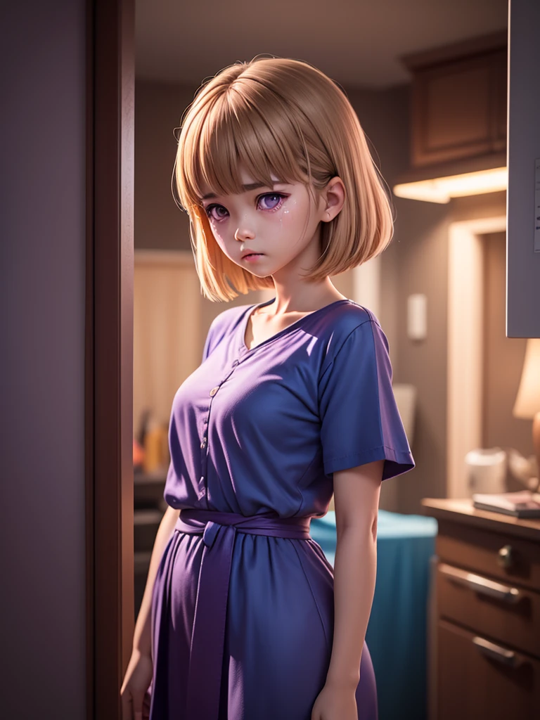 {{masterpiece, best quality, extremely detailed CG, unity 8k wallpaper, cinematic lighting}}, a cute thai girl, bob cut hair style, light brown hair color, swept bangs, beautifully purple eyes, purple shirt and blue cloth, very sad and crying, standing lonely.