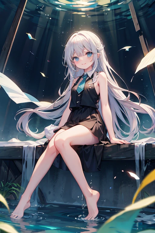 (masterpiece, Highest quality:1.2), One girl, alone,Are standing_Split, Long Hair，Black sleeveless short vest，Particles of light, whole body, Wavy Hair, Floating Hair, smile, Sitting, Open your mouth, Particles of light, Silver Hair, Aqua Eye, View your viewers, Face Focus, "Completely naked", Barefoot, Foot Focus, "Undressing"