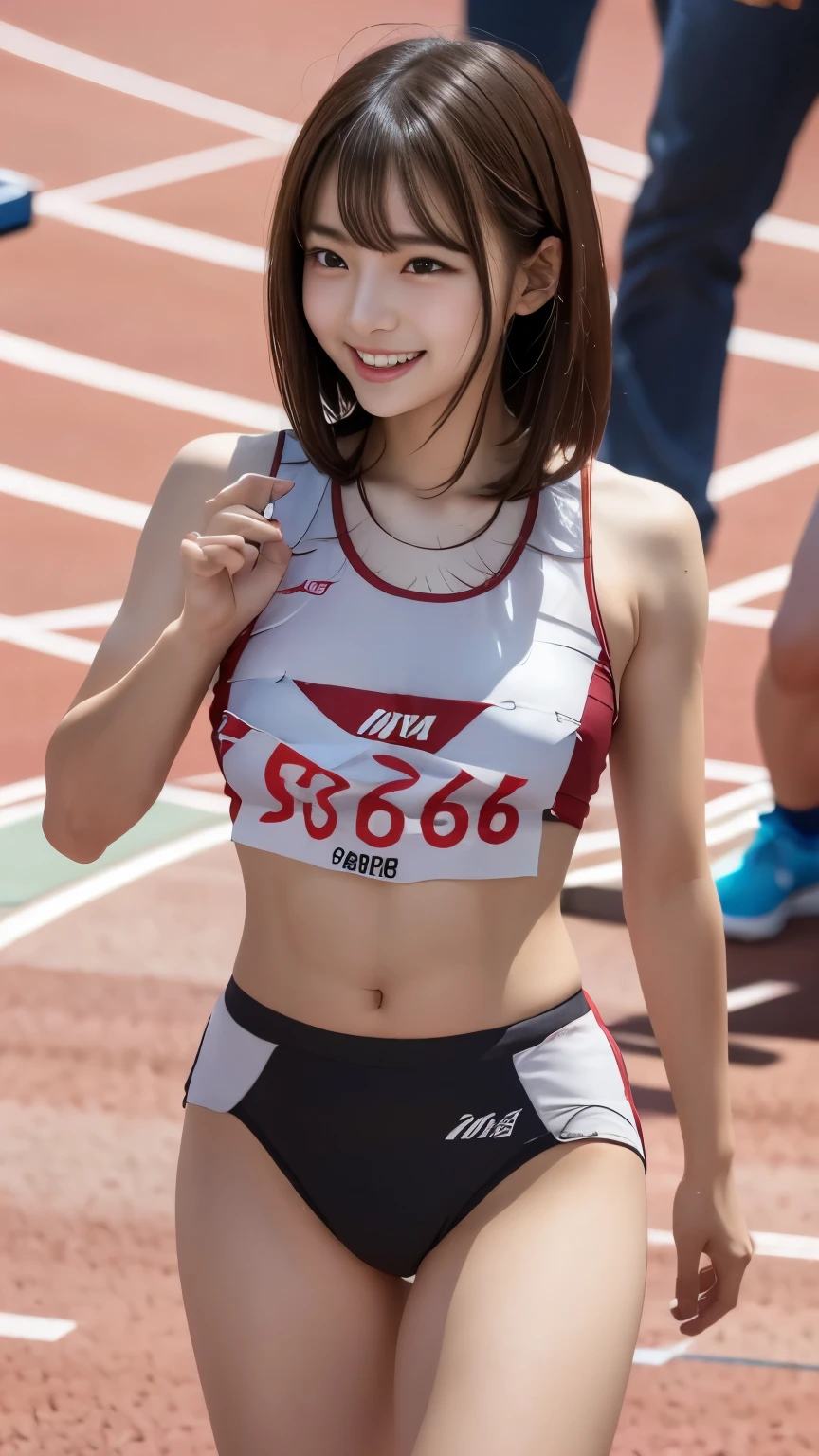 female ,expensive,170cm、Many athletes、Athletics Stadium、(International athletics competition、Large crowd)、 (smile、Sweaty)、Long Hair、They hesitate、anger,Sweaty body、Wet Hair, Underarm, Big Breasts,Realistic nipples, Realistic butt crack, Veryshort hair , (expensive色彩彩度:1.0), (Very detailed肌), (Highest quality:1.0), (Ultra-high resolution:1.0) ,(Realistic:1.0), (Very detailed:1.0), (8k, RAW Photos:1.1)、((Thick pubic hair))、(Touching your own with your hands)、thin、short hair、(mai shiranui)、Front view、(Six-pack、Trained abdominal muscles)、Red track and field uniform、Number 16、Baton in hand、Taking pictures secretly