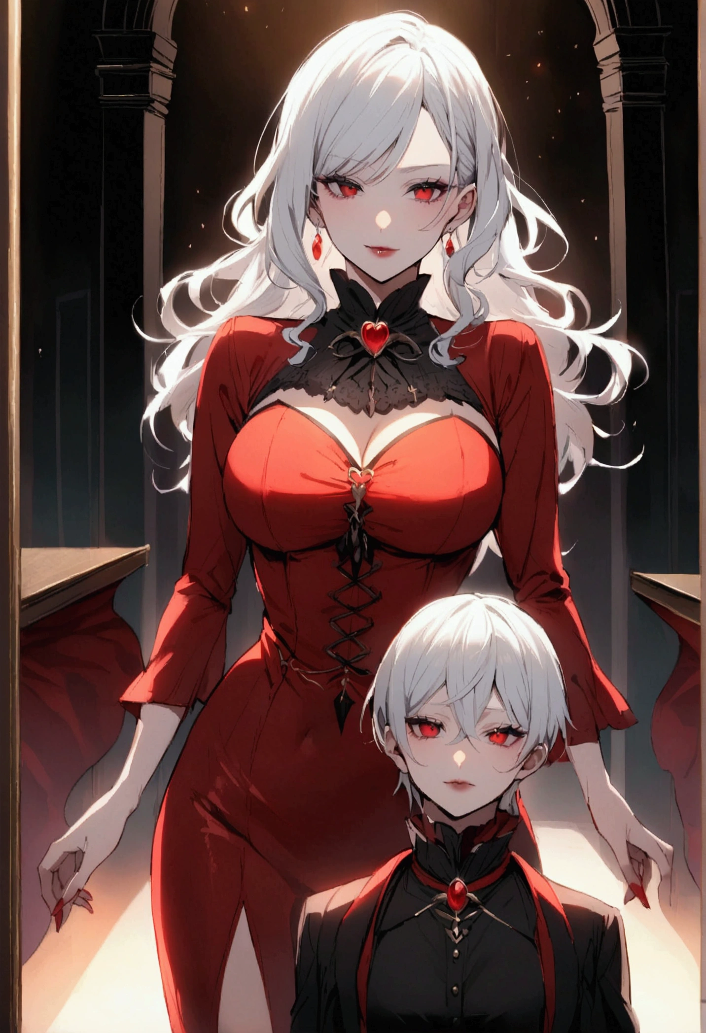 White, black, and red dress. Vampire. Mature woman. White hair.